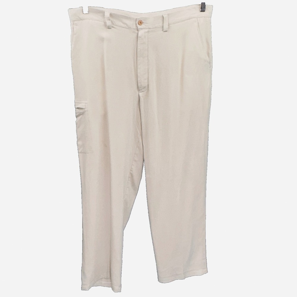 Caribbean Silk Trousers Mens 36x32 Beige Excellent Cargo Pocket Pineapple Logo